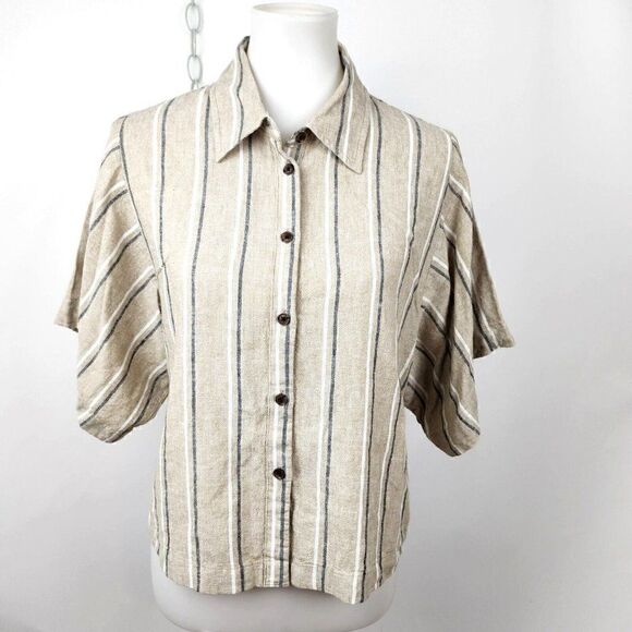 Banana Republic Boxy Cropped Linen Shirt Natural Linen Beige Stripe Womens M - Picture 1 of 5